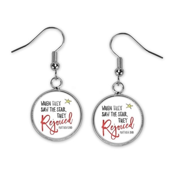 Hand Crafted Jewelry - Saw the Star and Rejoiced Christmas Faith Glass Dangle Earrings Silver Gift Idea